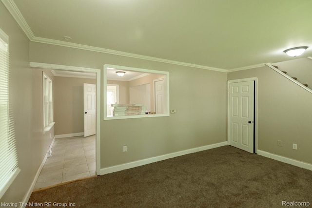 11954 Timken Ave, Warren, MI 48089 - empty room featuring ornamental molding, stairs, carpet floors, and tile patterned flooring
