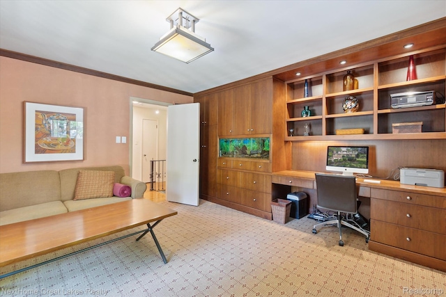 1831 Hampden Rd, Flint, MI 48503 - home office with built in study area, light carpet, and ornamental molding
