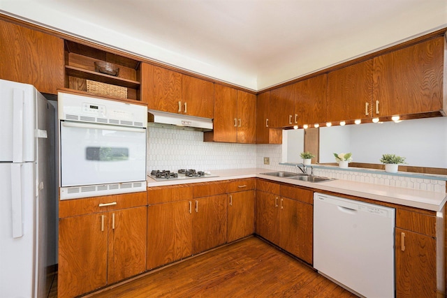 30151 Westfield St, Farmington Hills, MI 48334 - kitchen featuring white appliances, under cabinet range hood, open shelves, backsplash, and dark wood-type flooring