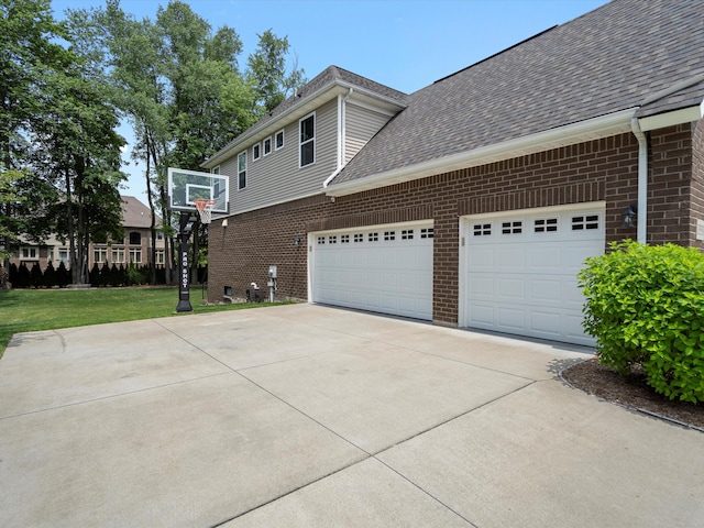 13531 Brampton Ct, Utica, MI 48315 - view of side of home with brick siding, concrete driveway, a shingled roof, a garage, and a lawn