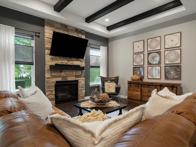 13531 Brampton Ct, Utica, MI 48315 - living room with wood finished floors, beam ceiling, a stone fireplace, and recessed lighting