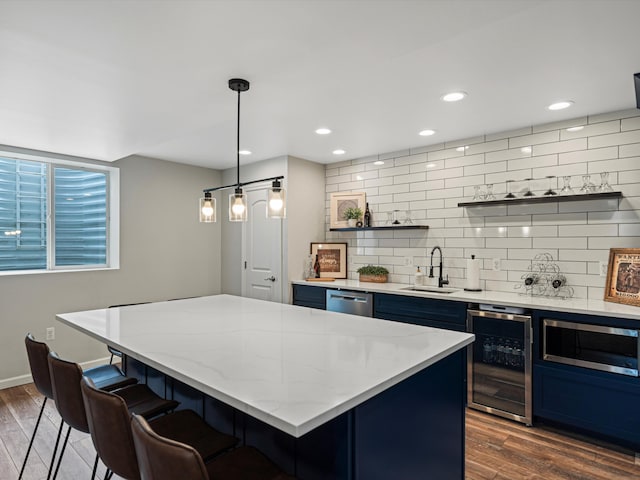 13531 Brampton Ct, Utica, MI 48315 - kitchen featuring beverage cooler, open shelves, appliances with stainless steel finishes, blue cabinets, and recessed lighting