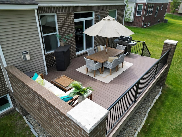 13531 Brampton Ct, Utica, MI 48315 - wooden terrace featuring grilling area, outdoor dining space, and a lawn