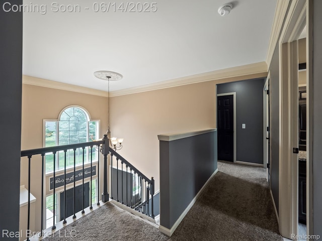 7235 Goldenrod Ct, Brighton, MI 48116 - corridor with an upstairs landing, carpet, ornamental molding, and a chandelier