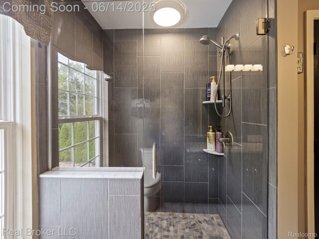 7235 Goldenrod Ct, Brighton, MI 48116 - bathroom with tiled shower and toilet
