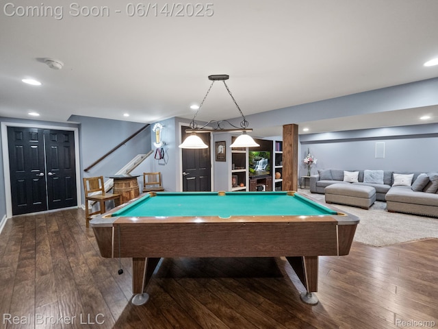 7235 Goldenrod Ct, Brighton, MI 48116 - playroom with billiards, hardwood / wood-style flooring, and recessed lighting