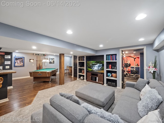 7235 Goldenrod Ct, Brighton, MI 48116 - living area featuring billiards table, dark wood-type flooring, recessed lighting, and built in features