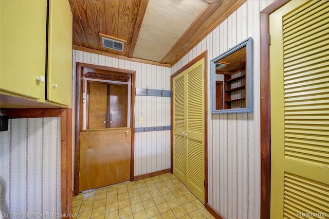 290 Florawood Blvd, Waterford, MI 48327 - hallway with wallpapered walls, light tile patterned floors, and wooden ceiling