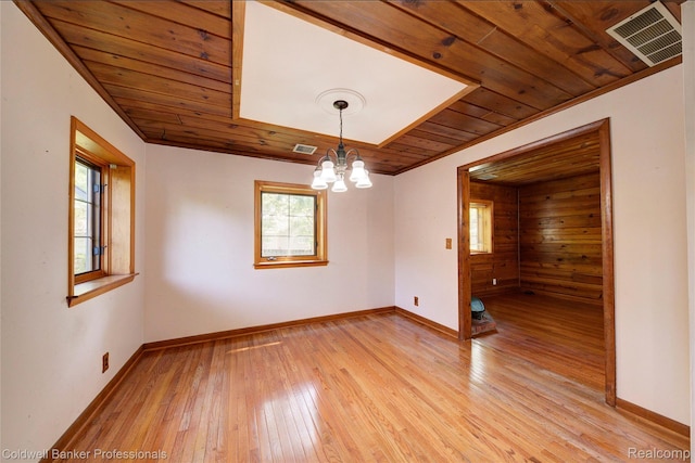 290 Florawood Blvd, Waterford, MI 48327 - empty room with wood ceiling, a chandelier, light wood finished floors, and crown molding