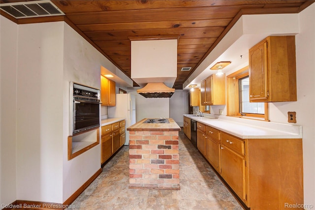290 Florawood Blvd, Waterford, MI 48327 - kitchen featuring black appliances, wooden ceiling, light countertops, light stone finish flooring, and brown cabinetry