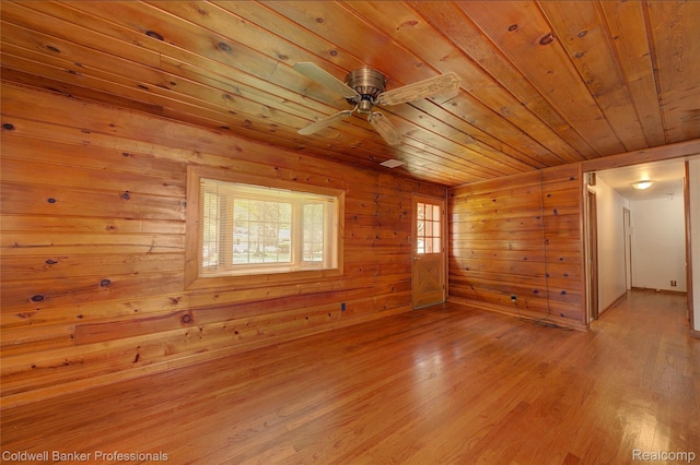 290 Florawood Blvd, Waterford, MI 48327 - unfurnished room with wooden ceiling, light wood-type flooring, ceiling fan, and wood walls