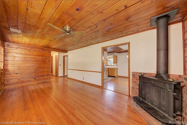 290 Florawood Blvd, Waterford, MI 48327 - unfurnished living room with wooden ceiling, light wood finished floors, a wood stove, and a ceiling fan