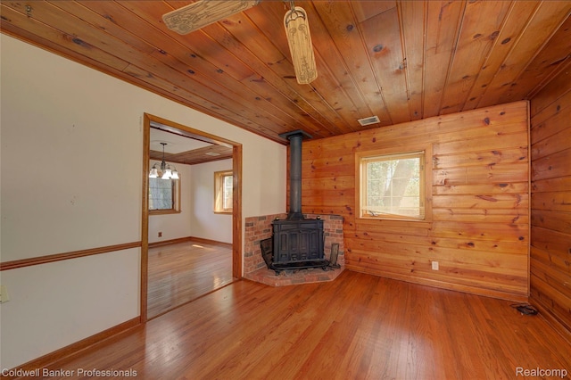 290 Florawood Blvd, Waterford, MI 48327 - unfurnished living room featuring a wood stove, wood ceiling, wooden walls, and light wood finished floors