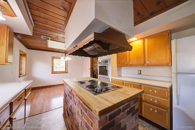 290 Florawood Blvd, Waterford, MI 48327 - kitchen with freestanding refrigerator, electric cooktop, wood ceiling, wooden counters, and a kitchen island