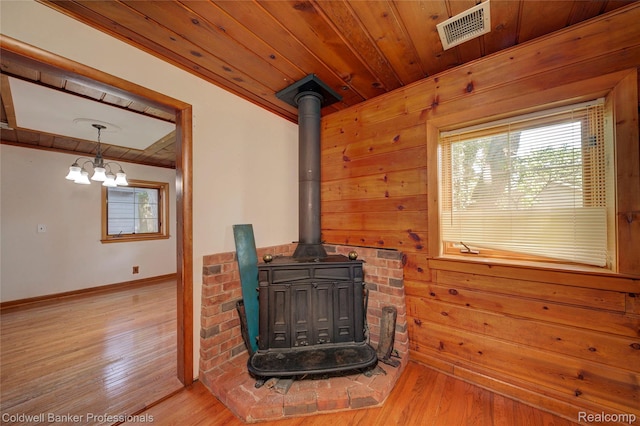 290 Florawood Blvd, Waterford, MI 48327 - detailed view of a wood stove, wood finished floors, wooden walls, and a chandelier