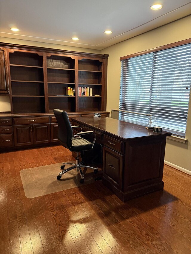 5653 Powder Horn Dr, West Bloomfield, MI 48322 - office featuring wood-type flooring, built in desk, and recessed lighting