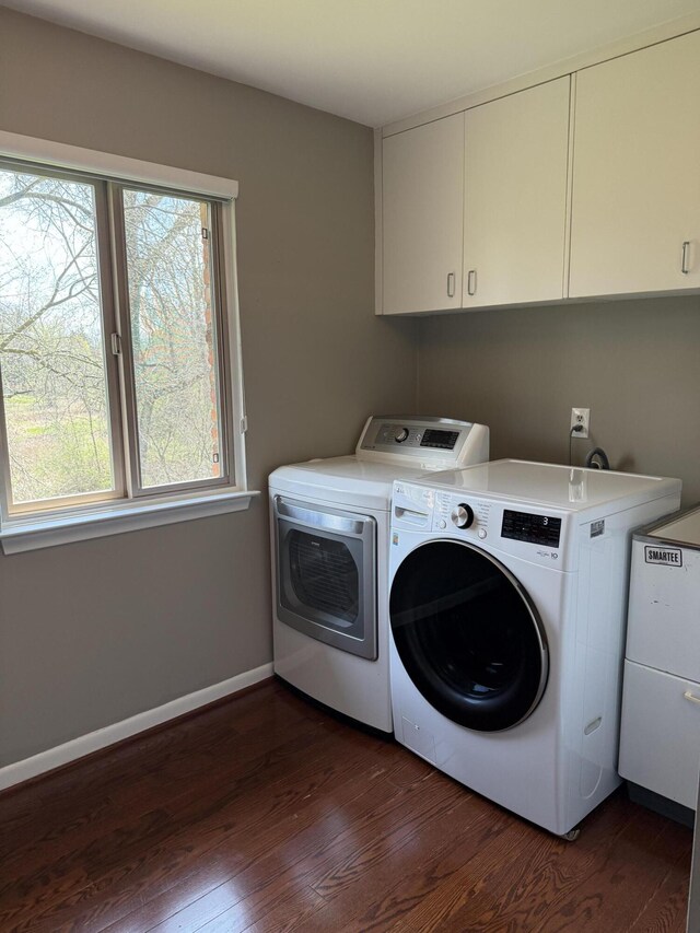 5653 Powder Horn Dr, West Bloomfield, MI 48322 - laundry room with cabinet space, separate washer and dryer, and dark wood-type flooring