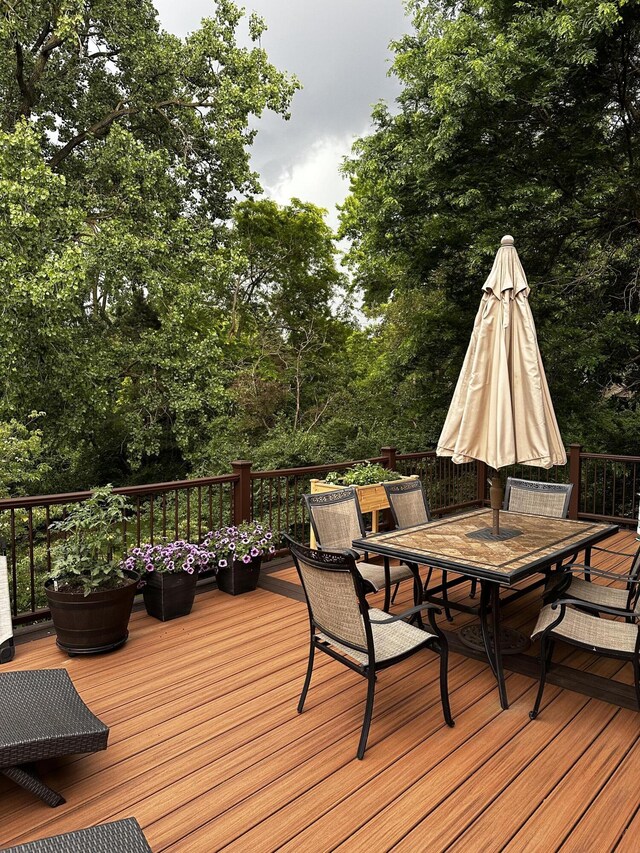 5653 Powder Horn Dr, West Bloomfield, MI 48322 - wooden deck with outdoor dining space and view of scattered trees