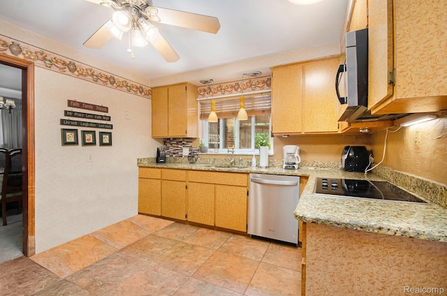 16251 Prest St, Detroit, MI 48235 - kitchen with stainless steel dishwasher, black electric stovetop, ceiling fan, and light stone counters