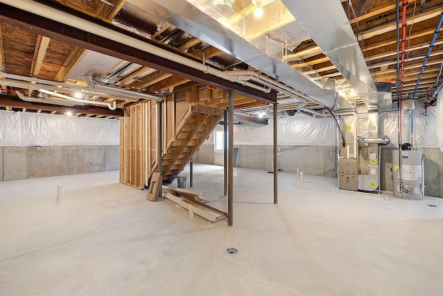 7479 Gramercy Cir W, Bloomfield, MI 48322 - unfinished basement featuring water heater, heating unit, and stairway