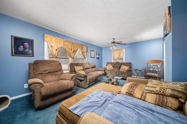 10765 Northland Dr, Big Rapids, MI 49307 - carpeted living room featuring ceiling fan and a textured ceiling