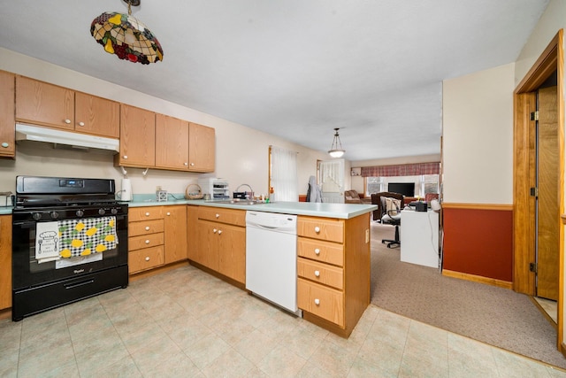 10765 Northland Dr, Big Rapids, MI 49307 - kitchen featuring black range with gas stovetop, white dishwasher, under cabinet range hood, a peninsula, and light countertops