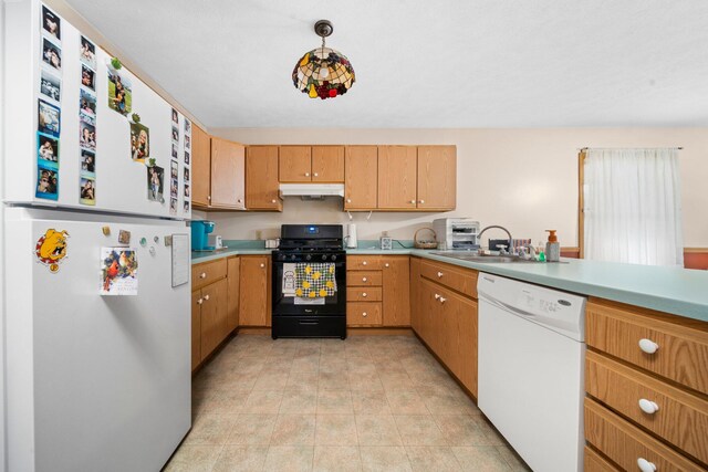 10765 Northland Dr, Big Rapids, MI 49307 - kitchen with white appliances, under cabinet range hood, and light countertops