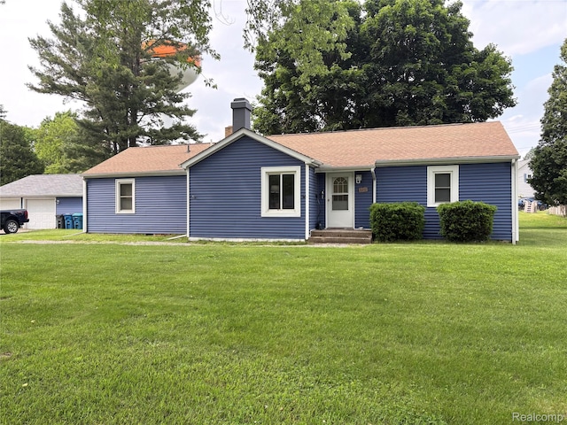620 Wilmot St, Vassar, MI 48768 - single story home featuring a front yard, a garage, a shingled roof, and a chimney