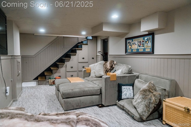619 E Farnum Ave, Royal Oak, MI 48067 - carpeted living area featuring stairway, a wainscoted wall, and recessed lighting
