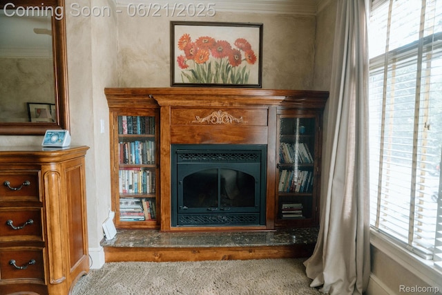 619 E Farnum Ave, Royal Oak, MI 48067 - detailed view of a glass covered fireplace, carpet flooring, and crown molding