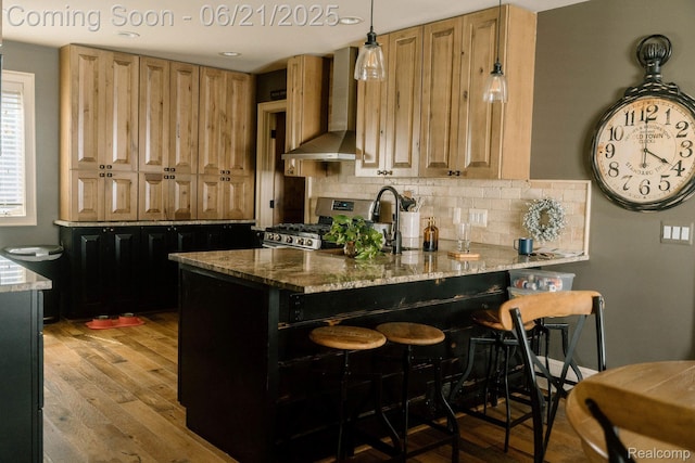 619 E Farnum Ave, Royal Oak, MI 48067 - kitchen with wall chimney range hood, stainless steel gas range, wood finished floors, and backsplash