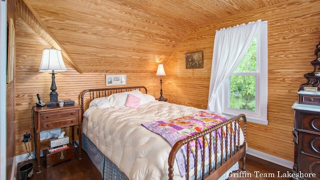 1194 Beach Dr, Holland, MI 49423 - bedroom with wooden ceiling, lofted ceiling, wood finished floors, and wood walls