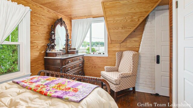 1194 Beach Dr, Holland, MI 49423 - bedroom with wood walls, hardwood / wood-style floors, and wooden ceiling