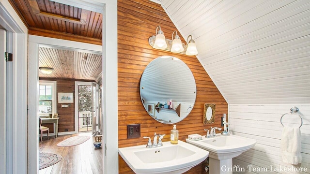 1194 Beach Dr, Holland, MI 49423 - bathroom featuring wooden ceiling, wood walls, lofted ceiling, and wood finished floors
