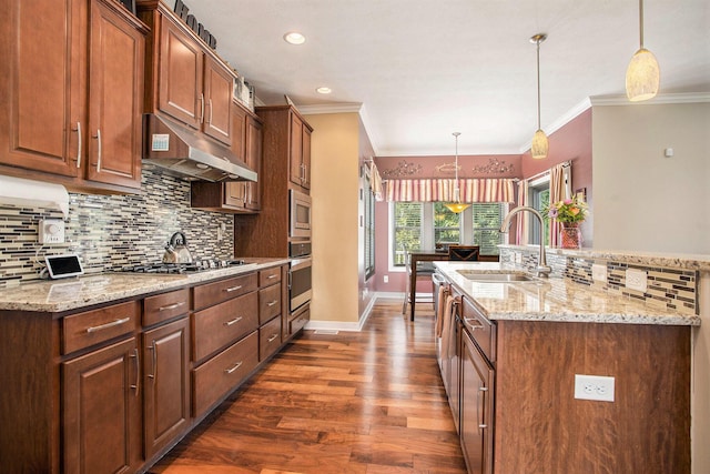 7990 Hemel Ln, Richland, MI 49083 - kitchen with under cabinet range hood, appliances with stainless steel finishes, dark wood-type flooring, backsplash, and a kitchen island with sink