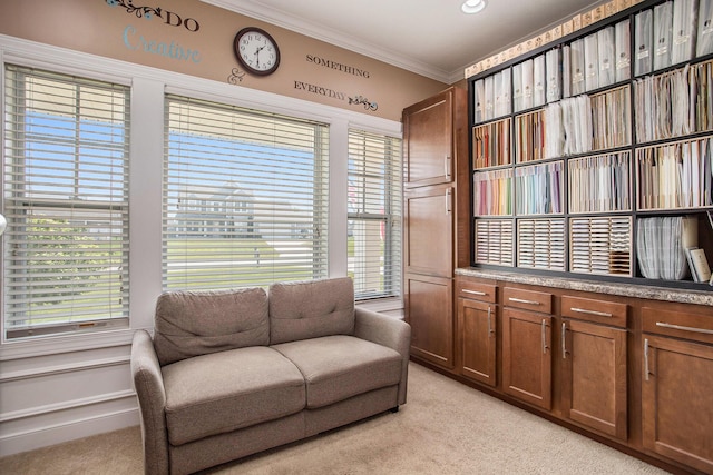7990 Hemel Ln, Richland, MI 49083 - sitting room featuring light colored carpet, ornamental molding, and plenty of natural light
