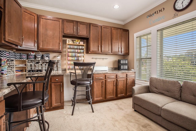 7990 Hemel Ln, Richland, MI 49083 - bar with light carpet, ornamental molding, built in study area, and recessed lighting