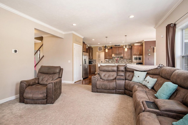 7990 Hemel Ln, Richland, MI 49083 - living room with recessed lighting, light colored carpet, stairs, and crown molding