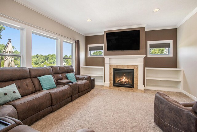 7990 Hemel Ln, Richland, MI 49083 - living room with a tile fireplace, recessed lighting, ornamental molding, and carpet floors