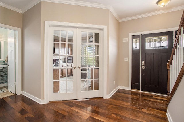 7990 Hemel Ln, Richland, MI 49083 - entryway with french doors, dark wood-style floors, ornamental molding, and stairs