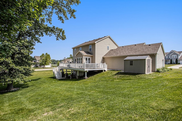 7990 Hemel Ln, Richland, MI 49083 - rear view of house with a wooden deck, a shed, a lawn, and stairway