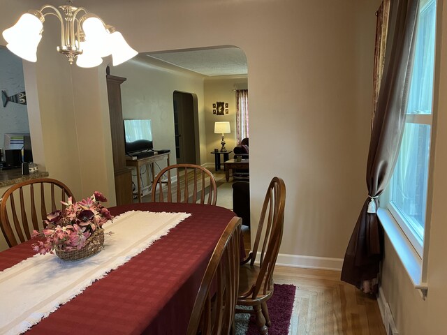 261 W Main St, Hart, MI 49420 - dining area featuring arched walkways, wood finished floors, and a chandelier