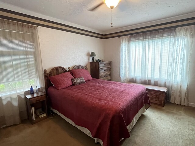 261 W Main St, Hart, MI 49420 - bedroom featuring light colored carpet, a textured ceiling, and a ceiling fan