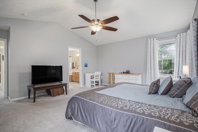 17872 Victors Ln, Marshall, MI 49068 - bedroom with vaulted ceiling, carpet floors, connected bathroom, and ceiling fan