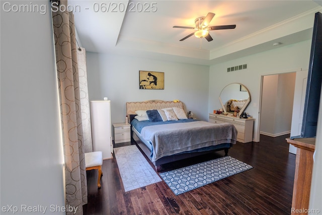 24986 Murray St, Harrison Township, MI 48045 - bedroom with dark wood-style floors, a tray ceiling, ornamental molding, and ceiling fan