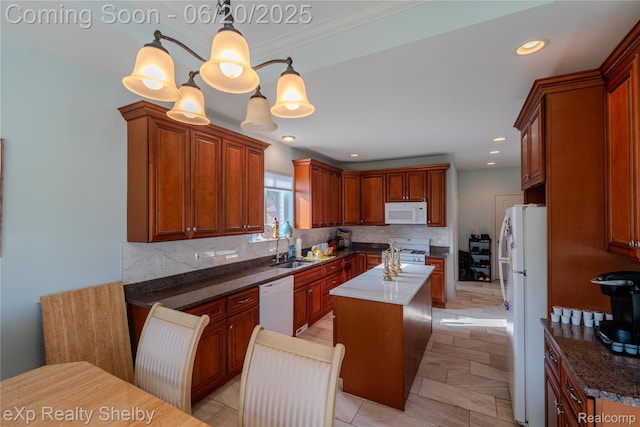 24986 Murray St, Harrison Township, MI 48045 - kitchen with white appliances, decorative backsplash, a kitchen island, pendant lighting, and recessed lighting