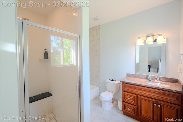 24986 Murray St, Harrison Township, MI 48045 - bathroom featuring tiled shower, vanity, tile patterned flooring, and a bath