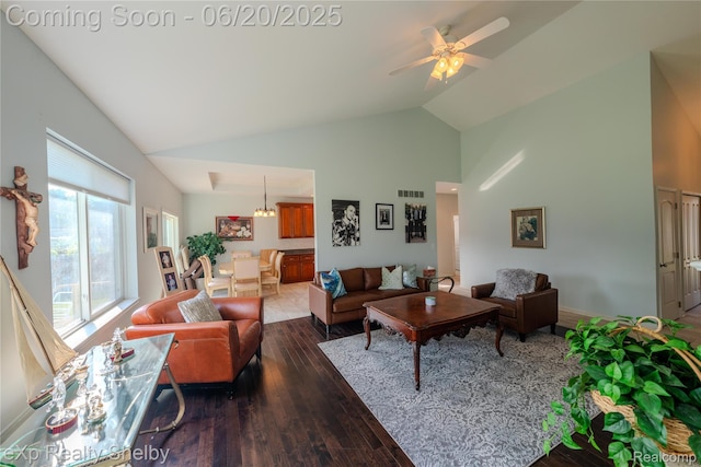 24986 Murray St, Harrison Township, MI 48045 - living room featuring high vaulted ceiling, dark wood-style flooring, and a ceiling fan