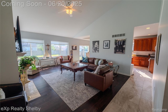 24986 Murray St, Harrison Township, MI 48045 - living room featuring high vaulted ceiling, a ceiling fan, recessed lighting, and wood finished floors