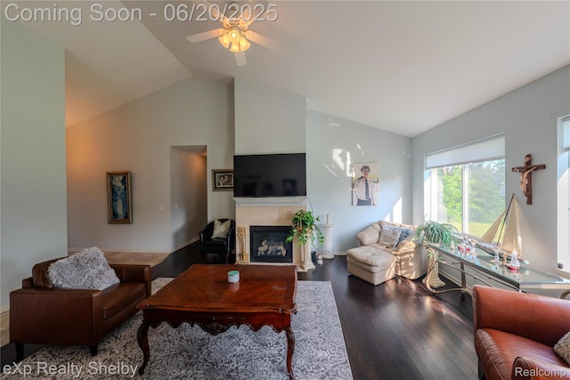 24986 Murray St, Harrison Township, MI 48045 - living area with a tiled fireplace, wood finished floors, a ceiling fan, and high vaulted ceiling